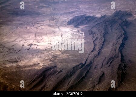 Aerial view of dirt roads in the desert, flying over the Sierra Madre Oriental, Coahuila, northern Mexico Stock Photo