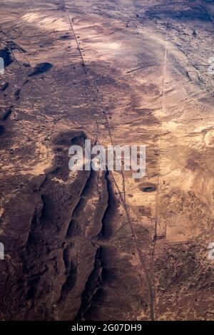 Aerial view of dirt roads in the desert, flying over the Sierra Madre Oriental, Coahuila, northern Mexico Stock Photo