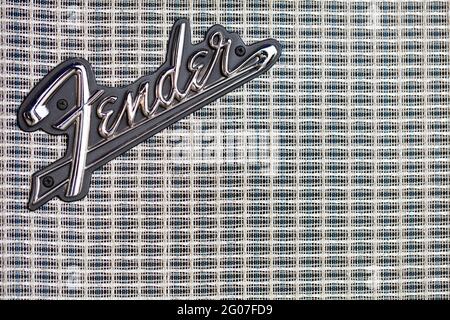 Lviv, Ukraine - May 20, 2021: Fender amplifier on concert stage Stock Photo