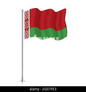 Belarus flag waving on a metallic pole. The official flag of Belarus, isolated on a white background. Stock Vector