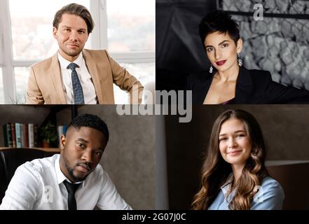 Diverse ethnicity collage. Caucasian and Afro American young millennial people headshots in collage collection.Mosaic of smiling multi ethnic Stock Photo
