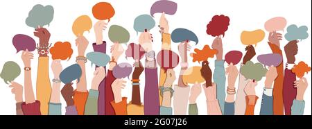 Arms and hands holding speech bubble. Agreement or affair between a group of multiethnic colleagues or collaborators. Diversity People. Co-workers Stock Vector