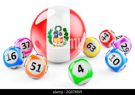 Lotto balls with Peruvian flag. Lottery in Peru concept, 3D rendering isolated on white background Stock Photo