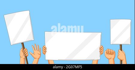 Illustration of hands with banners. Picket signs or protest placards on demonstration or protest. Stock Vector