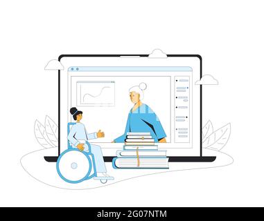 Online education. Wheelchair girl have an online math class. Digital learning on computer screen. Internet webinar or online video training, course. V Stock Vector