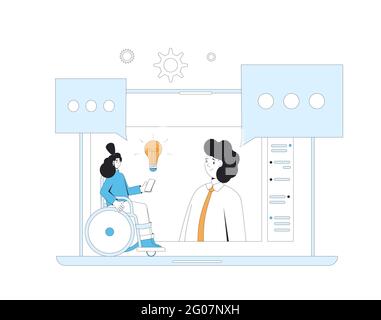 Video call meeting. Friends online meeting. Digital inclusion communication. Colleagues talking to each other on computer screen. Vector illustration. Stock Vector