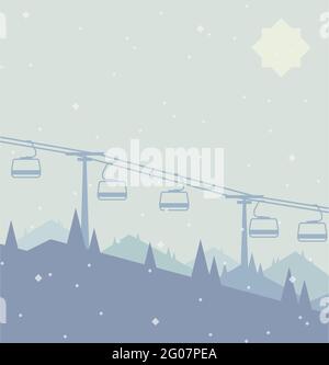 Mountain resort with ski lift flat vector illustration. Pine trees with mountains, slopes and snow falling on the background, promo banner design. Stock Vector