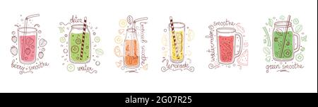 Set of detox drinks, fruit smoothies, organic lemonades in glass bottles, jars and jugs with straws. Refreshing summer homemade beverages. Colored Stock Vector