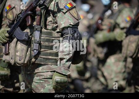 Smardan, Romania - May 11, 2021: Romanian soldiers take part in a joint military exercise in Smardan firing range, southeastern Romania. Stock Photo
