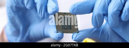 Hands in rubber gloves are holding microprocessor closeup Stock Photo