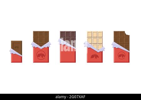 Flat style cacao candy bars for logo, menu, emblem, template, web, stickers, prints. Different type sticks of chocolate isolated Illustrations set Stock Vector