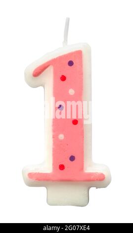 Pink Number One Candle Cut Out on White. Stock Photo