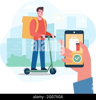 The courier from the delivery service is carrying the parcel. Application for express food delivery. Delivery of the order by scooter..Deliveryman against the background of the city. Vector in flat. Stock Vector
