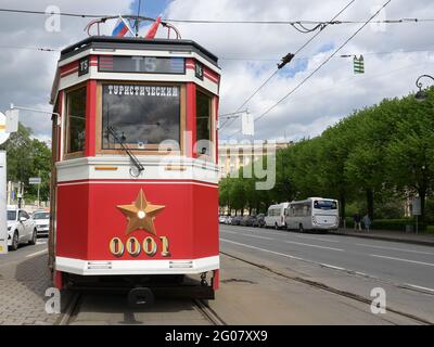 St. Petersburg, Russia - 22nd May, 2021: Retro tram LM-33 moves to the city center for participating in SpbTransportFest Stock Photo