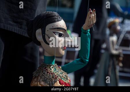 Moscow, Russia. 1st June, 2021 Actors show visitors theatrical puppets during grand opening Obraztsov Park near the Obraztsov State Academic Central Puppet Theater in Moscow, Russia Stock Photo