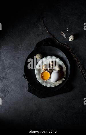 From above composition of raw chicken eggs on plates and quail eggs in nest on black background Stock Photo