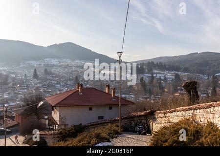 KOPRIVSHTITSA, BULGARIA - JANUARY 25, 2020: Panoramic view of historical town of Koprivshtitsa, Sofia Region, Bulgaria Stock Photo