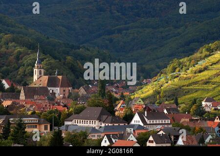 FRANCE, BAS-RHIN (67), ANDLAU, ROMAN CHURCH OF ST. PETER AND PAUL AND THE VILLAGE OF ANDLAU Stock Photo