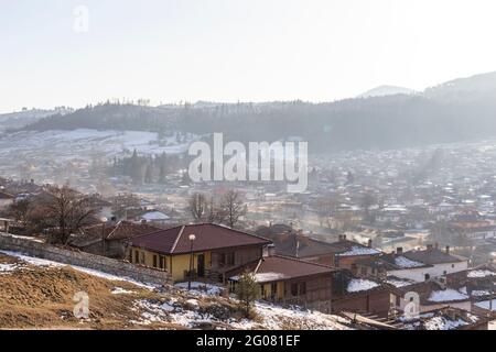 KOPRIVSHTITSA, BULGARIA - JANUARY 25, 2020: Panoramic view of historical town of Koprivshtitsa, Sofia Region, Bulgaria Stock Photo