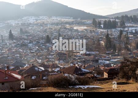 KOPRIVSHTITSA, BULGARIA - JANUARY 25, 2020: Panoramic view of historical town of Koprivshtitsa, Sofia Region, Bulgaria Stock Photo