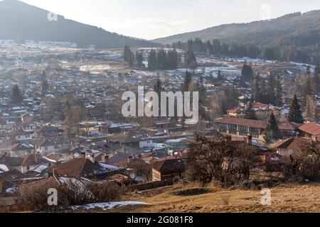 KOPRIVSHTITSA, BULGARIA - JANUARY 25, 2020: Panoramic view of historical town of Koprivshtitsa, Sofia Region, Bulgaria Stock Photo