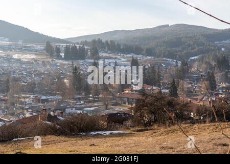 KOPRIVSHTITSA, BULGARIA - JANUARY 25, 2020: Panoramic view of historical town of Koprivshtitsa, Sofia Region, Bulgaria Stock Photo