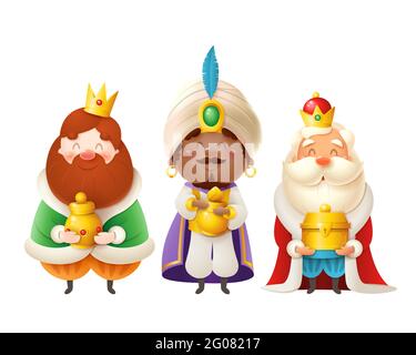 Three Wise man with gifts celebrate Epiphany - Three kings cartoon style vector illustration isolated Stock Vector
