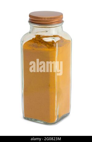 Glass Bottle of Turmeric Cut Out on White. Stock Photo