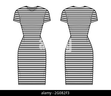 Dress sailor technical fashion illustration with stripes, short sleeves,  fitted body, knee length pencil skirt. Flat apparel front, back, grey color  style. Women, men unisex CAD mockup Stock Vector Image & Art -