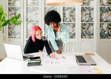 Young multiracial female fashion designers discussing sketches for new collection while working together at table in light room Stock Photo