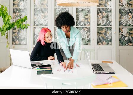 Young multiracial female fashion designers discussing sketches for new collection while working together at table in light room Stock Photo