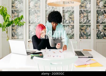 Young multiracial female fashion designers discussing sketches for new collection while working together at table in light room Stock Photo