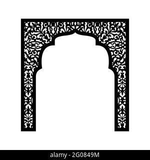 Silhouette of an islamic arch with plant elements for laser cutting. Production of decor for weddings and festive events, visiting ceremony. Vector Stock Vector