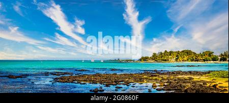 Panoramic view of a seascape at Mahebourg in the south east of the island of Mauritius, Indian Ocean Stock Photo