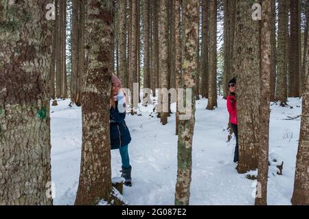 Two girl friends hiding behind trees in a forest during winter Stock Photo