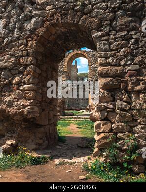 Old pathway ruins inside Manasija castle Stock Photo