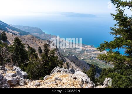 Panoramic view over Kefalonia island from the mountain top Mount Ainos Stock Photo