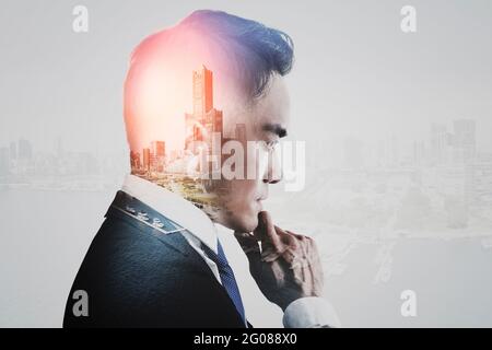 Double exposure of  businessman and city view concept Stock Photo