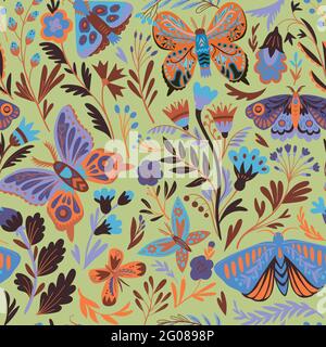 Elegant seamless pattern with decorative abstract flowers, butterflies and moths in doodle style. Vector illustration. Stock Vector