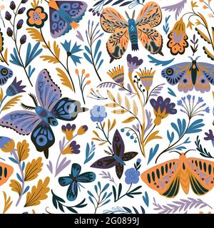 Elegant seamless pattern with decorative abstract flowers, butterflies and moths in doodle style. Vector illustration. Stock Vector
