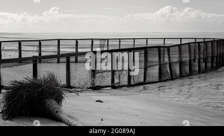 A netted safe swimming enclosure on a beach with the tide out, rendered in monotone Stock Photo