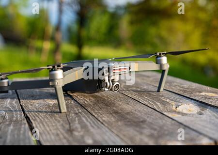 Close up shot of DJI Mavic Pro drone with eyes and teeth Stock Photo