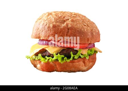 Homemade hamburger with cutlet, salad, onion, tomato and cheese. Cheeseburger, burger isolated on white background. Close-up of home made burgers Stock Photo