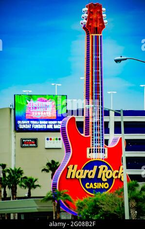 Hard Rock Hotel and Casino is pictured, May 29, 2021, in Biloxi, Mississippi. The $1.9 million sign features a replica guitar that is 112 feet tall. Stock Photo
