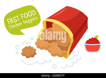 Chicken Nuggets and ketchup tomato sauce. Fast food cartoon ketchup and speech bubble. Menu card delicious fast food, tasty unhealthy lunch. Design for menu, poster or label. Hand drawn vector Stock Vector