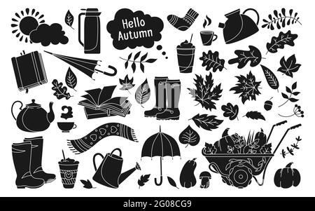 Autumn hand drawn trendy cartoon black glyph set. Rural black line rustic fall leave, book coffee, umbrella, cup drink sticker icon collection. Kettle, sock pumpkin autumn clip art silhouette vector Stock Vector