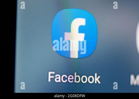 Berlin, Germany. 28th Apr, 2021. The logo of the Facebook app is seen on a smartphone screen. Facebook is hosting an online version of its annual F8 developer conference on Wednesday. (to dpa 'Facebook with slimmed-down online developer conference') Credit: Fabian Sommer/dpa/Alamy Live News Stock Photo