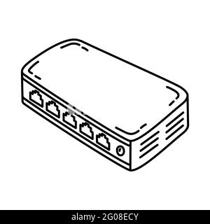 Hub as Telecommunication Equipment Hand Drawn Icon Set Vector. Stock Vector
