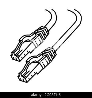 Lan Cable as Telecommunication Equipment Hand Drawn Icon Set Vector. Stock Vector