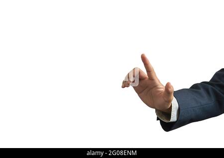 business man hands are pointing or pressing isolated on white background. Stock Photo